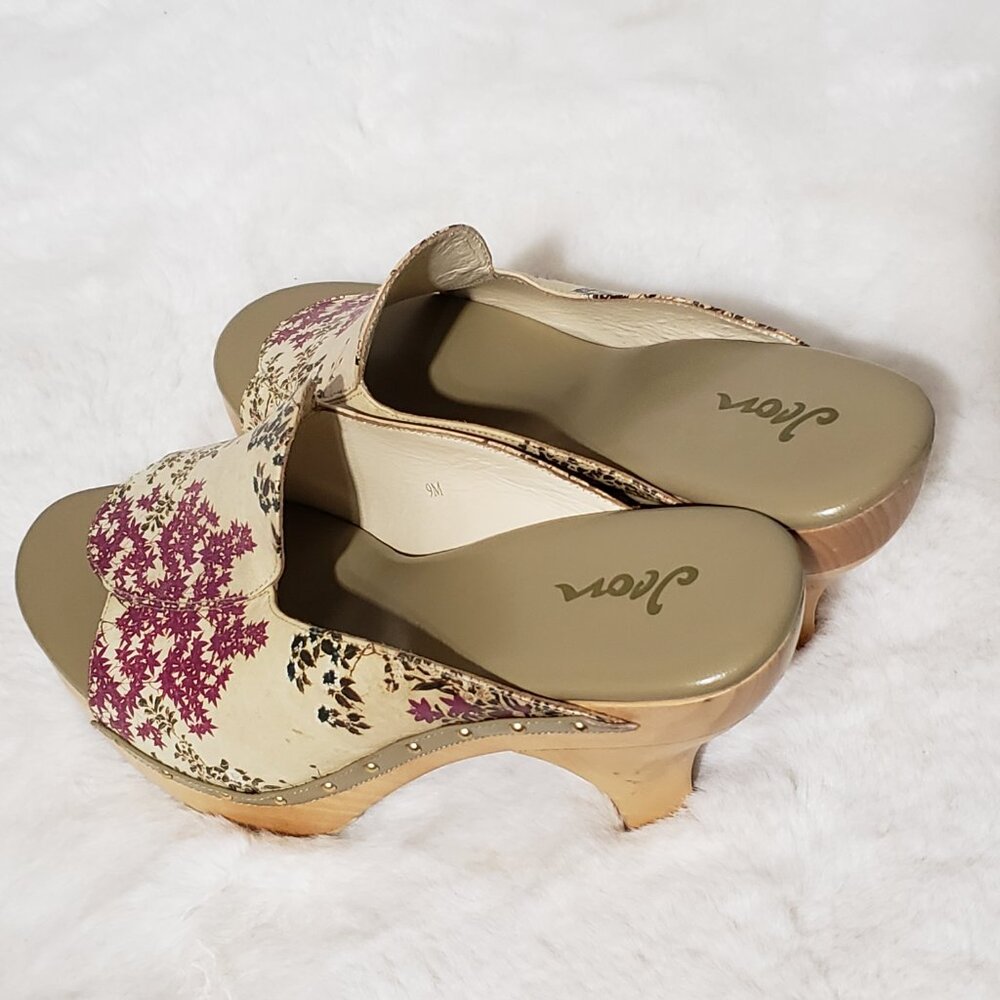 Jeon Art to Wear 9M Leather Heels Clogs Mules Italy Wood Floral Boho Indie Retro - Picture 9 of 11